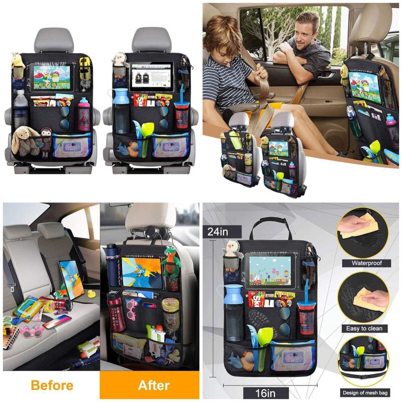 Car Backseat Organizer with Touch Screen Tablet Holder + 9 Storage Pockets Kick Mats Car Seat Back Protectors